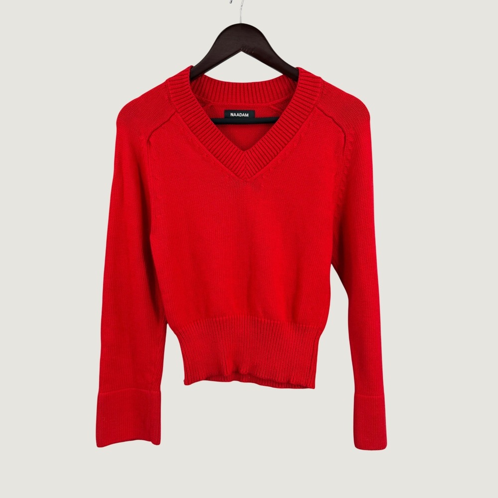 NAADAM Cotton V-Neck Sweater Womens Size XXS Red Cropped Ribbed Knit